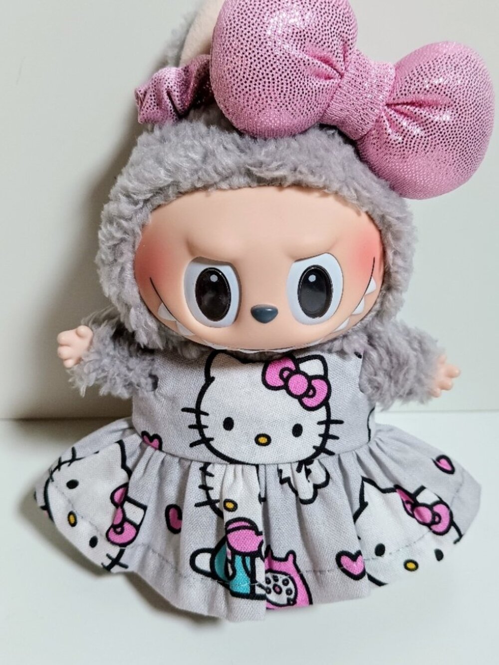Custom Hello Kitty Dress and Metallic Bow Made to fit Labubu